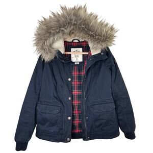Md Hollister Flannel Lined Cotton Twill Anorak Jacket Navy Blue Faux Fur Hood